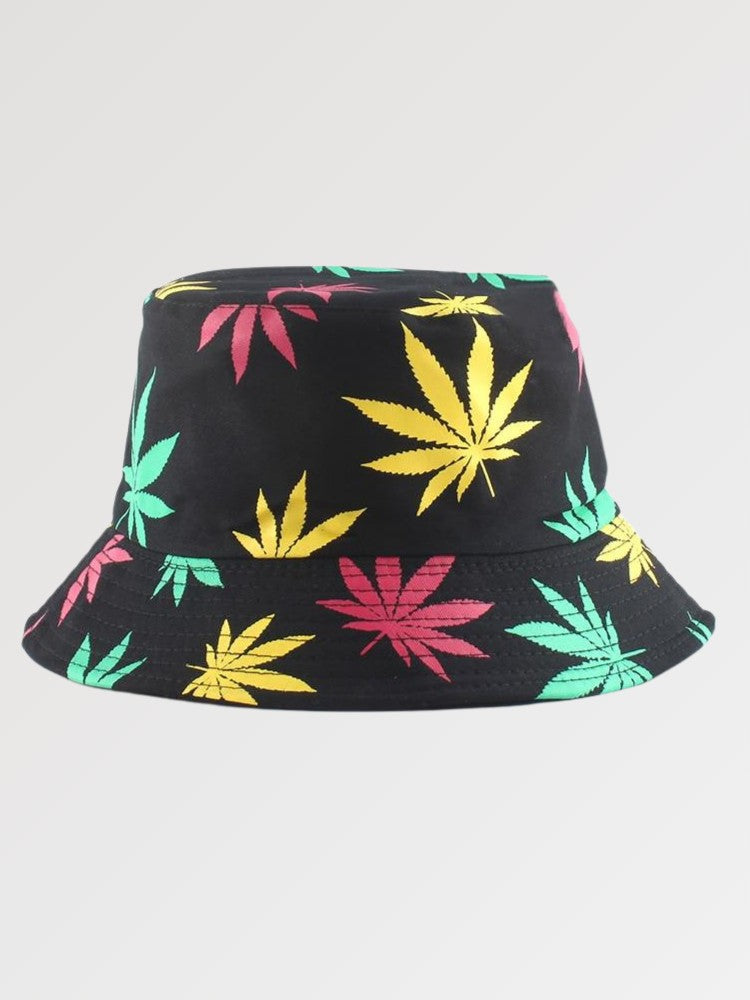 Black summer bucket hat with rasta cannabis leaf print red yellow green — light Tokyo cotton, urban outfitters summer bucket hat alternative