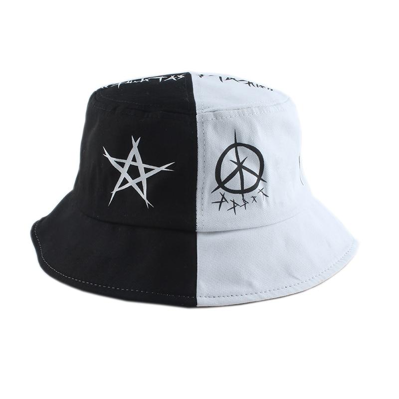 Detail of pentagram print on two tone bucket hat — Tokyo punk streetwear, undercover two tone bucket hat alternative