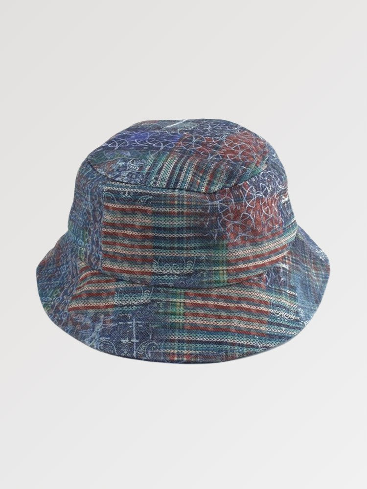 Back view of vintage bucket hat with patchwork — Tokyo workwear cotton, visvim vintage bucket hat alternative