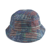 Detail of boro patchwork print on vintage cotton bucket hat — Tokyo workwear streetwear, engineered garments vintage bucket hat alternative