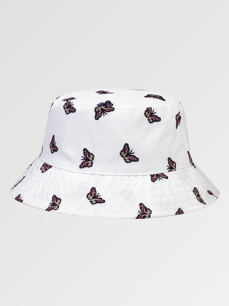 White bucket hat with butterfly allover print — Y2K Harajuku cotton, jacquemus white bucket hat alternative