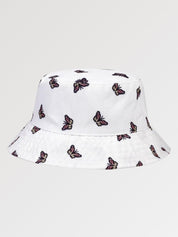 White bucket hat with butterfly allover print — Y2K Harajuku cotton, jacquemus white bucket hat alternative