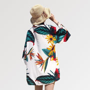White floral kimono for women with lily and sunflower pattern