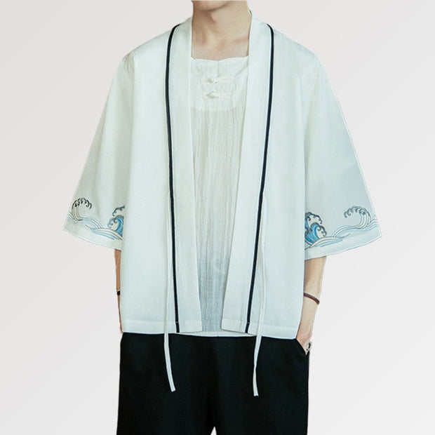 A white kimono cardigan with a kanagawa wave pattern