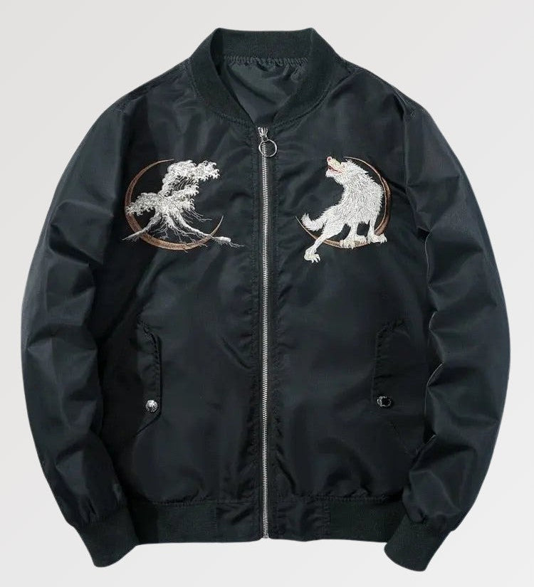 Stalk your enemies like the wolf traditionally embroidered on our original bomber jacket