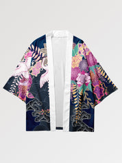 This women's haori decorated with flowers and cranes represents calm and wisdom