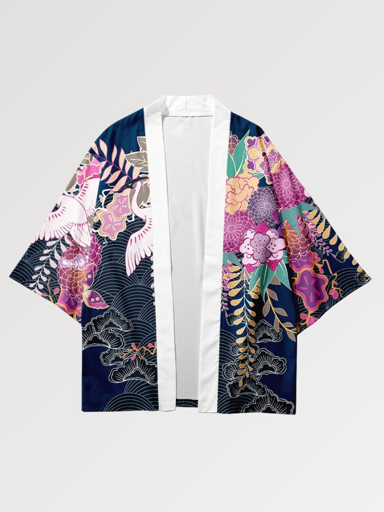 This women's haori decorated with flowers and cranes represents calm and wisdom