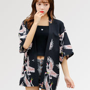 Women's Short Kimono Jacket with Japanese Crane Pattern