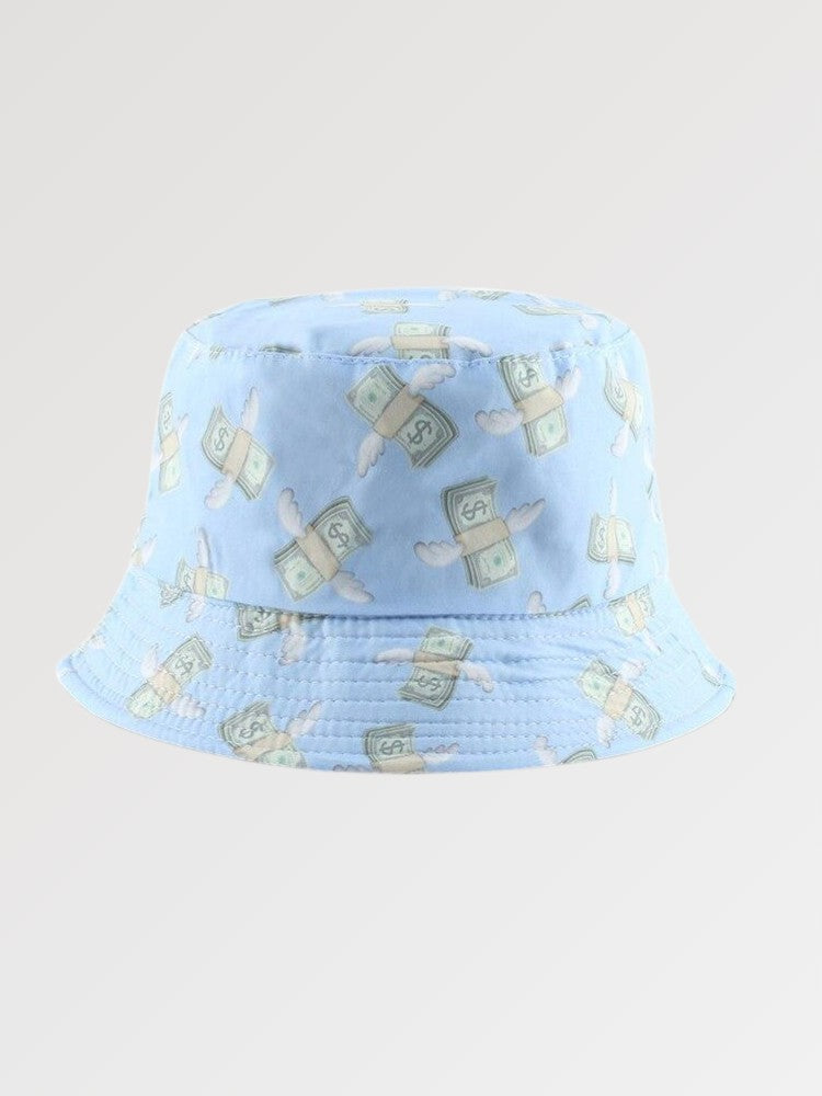 Back view of y2k bucket hat with money print — pastel cotton, urban outfitters y2k bucket hat alternative