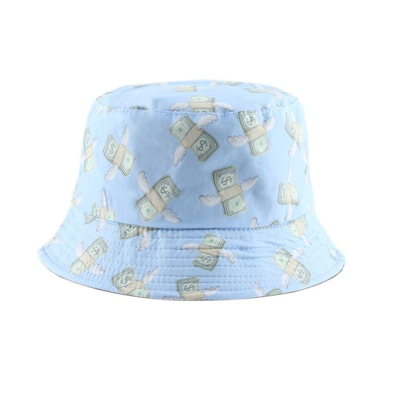 Detail of flying dollar money print on y2k cotton bucket hat — Y2K Tokyo rave, princess polly y2k bucket hat alternative